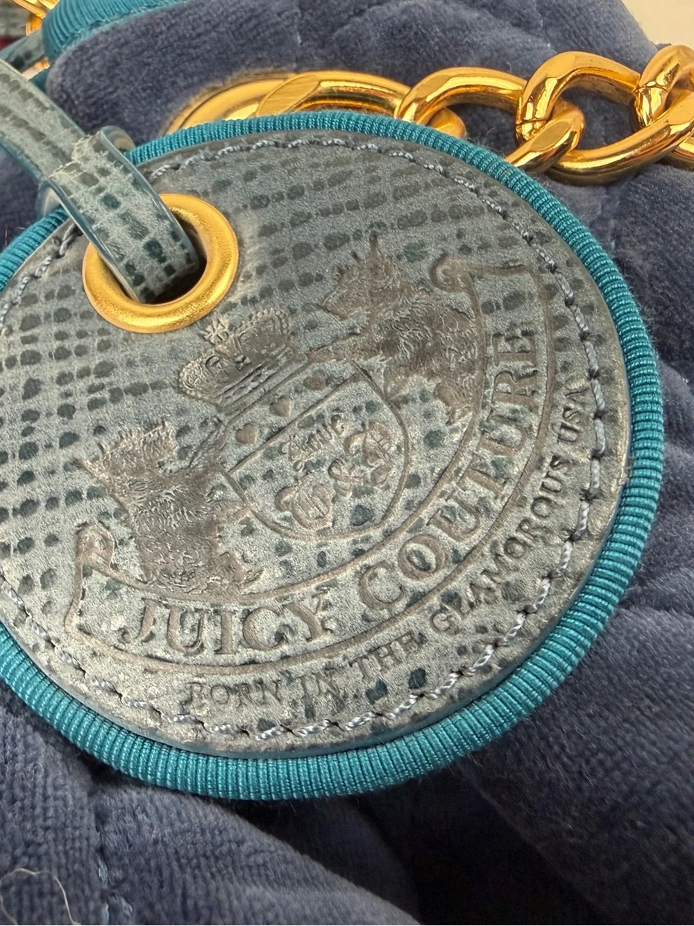 Juicy Couture Navy Quilted Velvet Chain Shoulder Bag Gold Hardware Vintage Blue